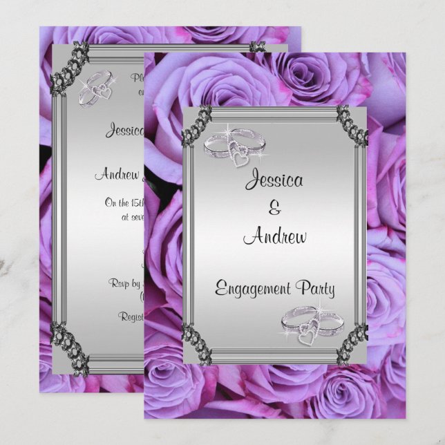 Lilac Rosor & Diamant Bröllopsringar Förlovning Inbjudningar (Fram/baksida)