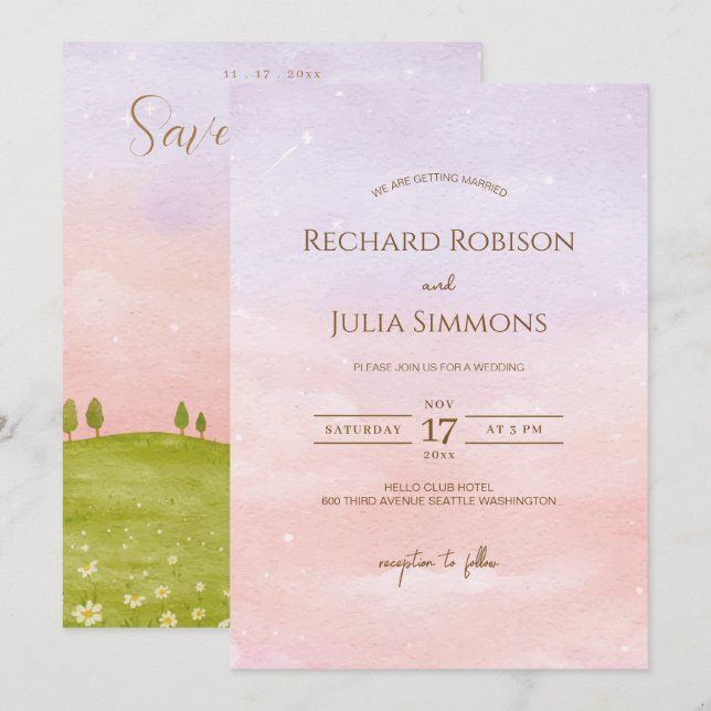LILAC Save The Date-inbjudan / Vattenfärg Rosa Spara Datumet (Fram/baksida)