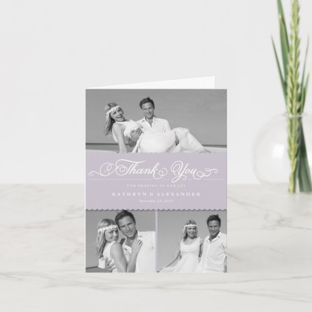 Lilac Scallop Band Romantic Script 3 Photo Bröllop Tack Kort (Framsida)