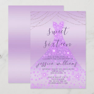 Lilac Sequin Boll Gown & Ljus Sweet 16 Birthday Inbjudningar