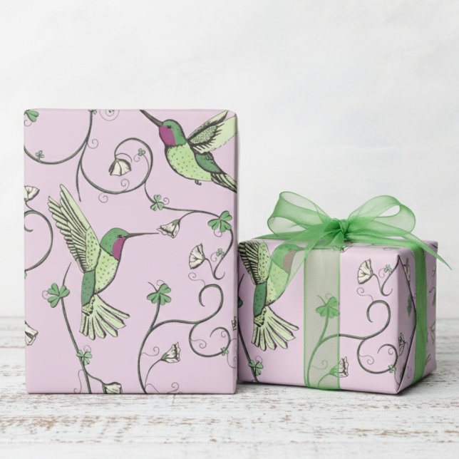 Lilac Shamrock Vine Hummingbird Pattern Presentpapper (Pink St Patrick's Day Irish Gift Wrap. Whimsical Floral Hummingbird, Green Clover, Lucky Shamrocks)