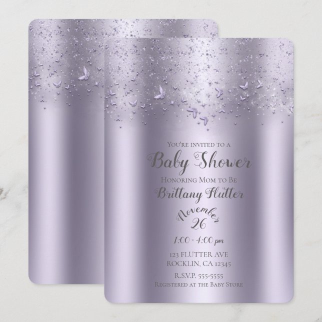 Lilac Shimmer Flutter Butterfly Baby Shower Inbjudningar (Fram/baksida)