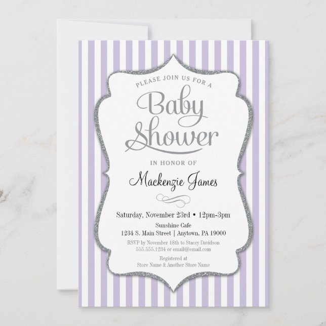 Lilac Silver Baby Shower-inbjudan Lavender Grått Inbjudningar (Framsida)
