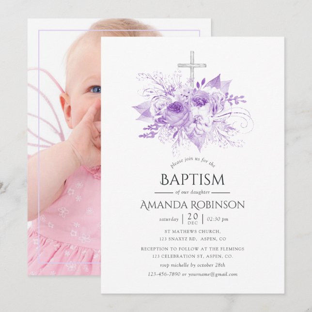 Lilac & Silver Blommigt Baptism eller Christening  Inbjudningar (Fram/baksida)