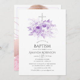 Lilac & Silver Blommigt Baptism eller Christening  Inbjudningar