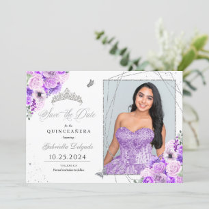 Lilac Silver fotokort Quinceañera Spara datum Inbjudningar