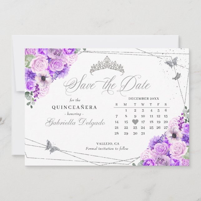 Lilac & Silver Quinceañera Spara datum Inbjudningar (Framsida)