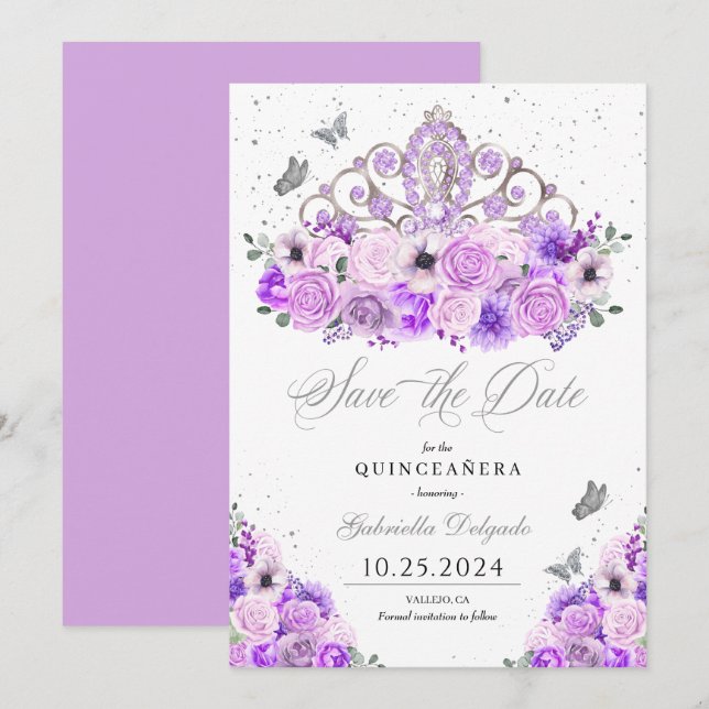 Lilac & Silver Tiara sparar datumet Quinceañera Inbjudningar (Fram/baksida)