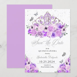 Lilac & Silver Tiara sparar datumet Quinceañera Inbjudningar