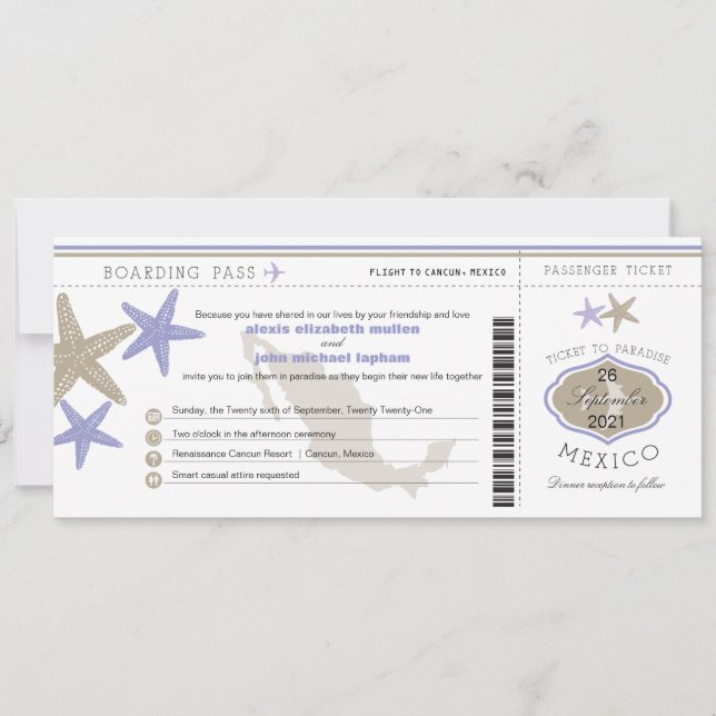 Lilac Starfish Mexico Boarding Pass Bröllop Inbjudningar (Framsida)