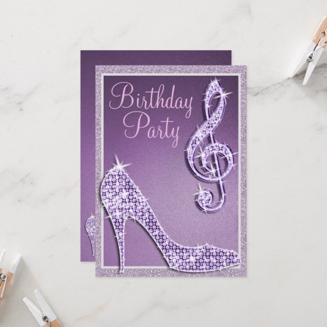 Lilac Stiletto och Treble Clef Birthday Inbjudningar (Fram/Back In Situ)