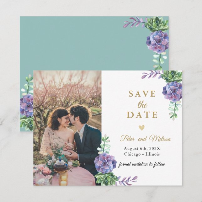 Lilac Succulents Foto Save the Date Meddelande (Fram/baksida)