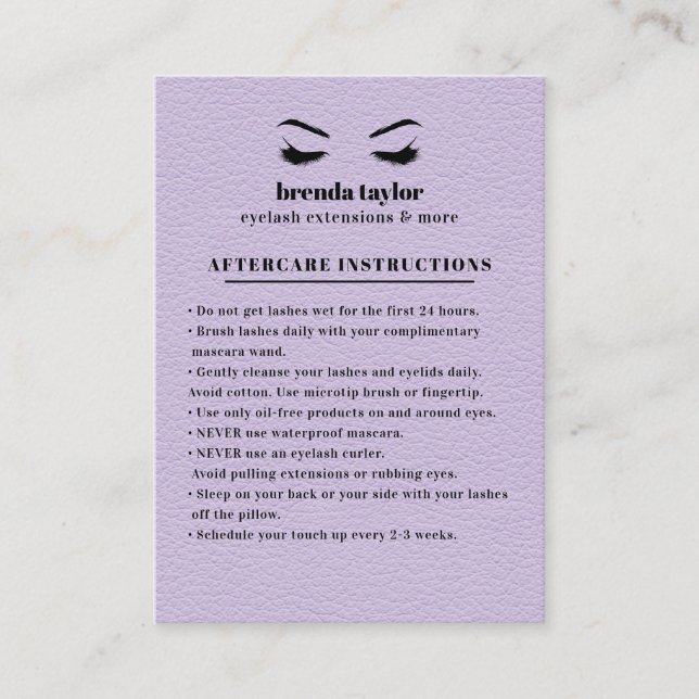 LILAC Suede Eyelash Browbar Aftercare Instructions Visitkort (Framsida)
