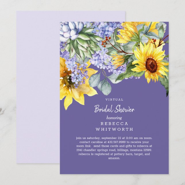 Lilac & Sunflower Virtuell Bröllopsinbjudan Inbjudningar (Fram/baksida)