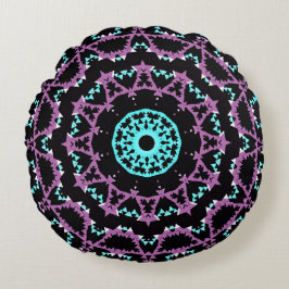 Lilac, svart och turkos mandala. rund kudde