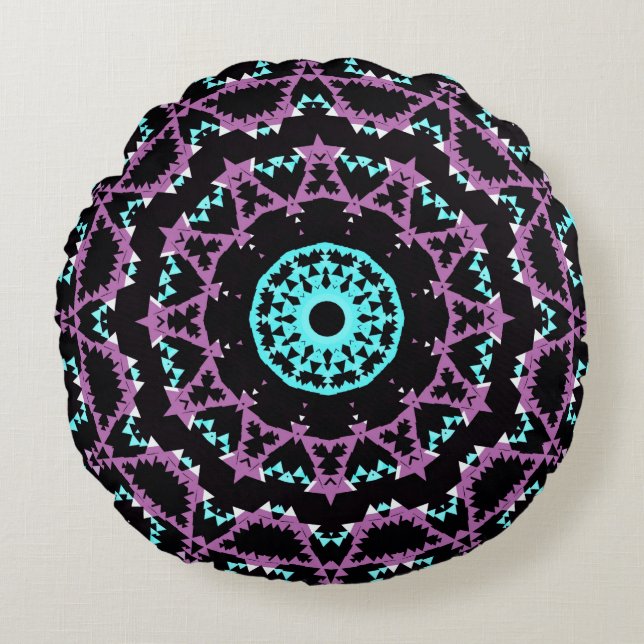 Lilac, svart och turkos mandala. rund kudde (Framsidan)