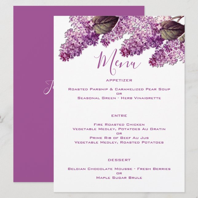 Lilac Vår Garden Wedding Meny (Fram/baksida)