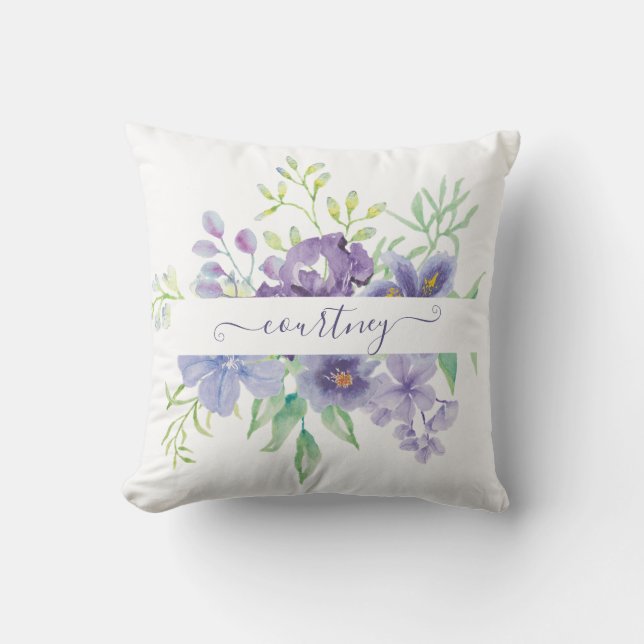 Lilac vattenfärg blommig personlig kudde (Framsida)