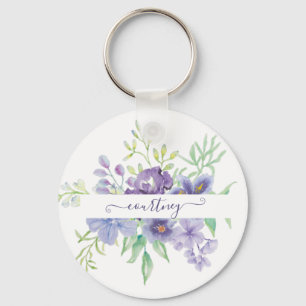 Lilac vattenfärg blommig personlig nyckelring