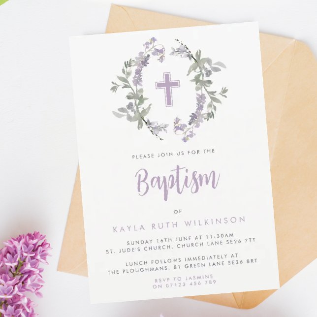 Lilac Vild Flower WAN & Kor Baby Baptism Inbjudningar (Skapare uppladdad)