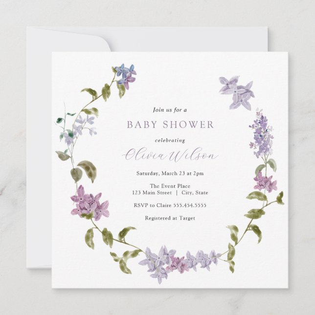 Lilac Watercolor Blommigt Baby Shower Inbjudningar (Framsida)