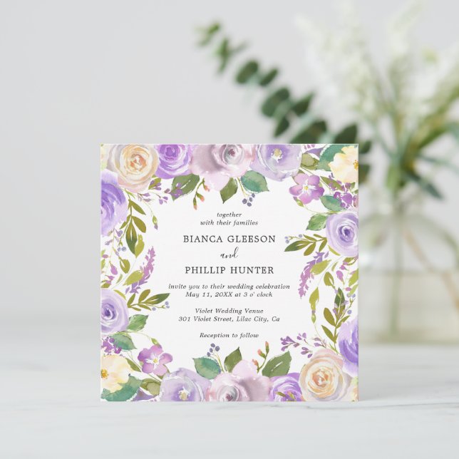 Lilac Watercolor Blommigt Elegant bröllop Inbjudningar (Stående Fram)