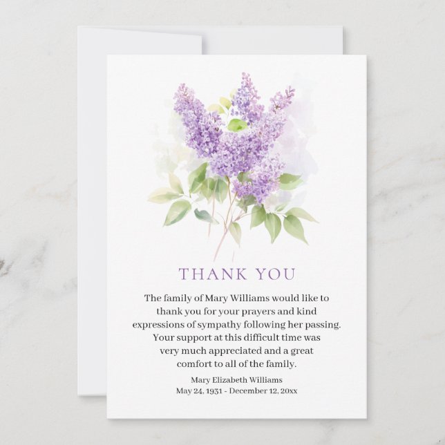 Lilac Watercolor Blommigt Funeral Tack Kort (Framsida)