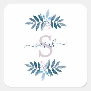 Lilac Watercolor Blommigt Monogram Fyrkantigt Klistermärke