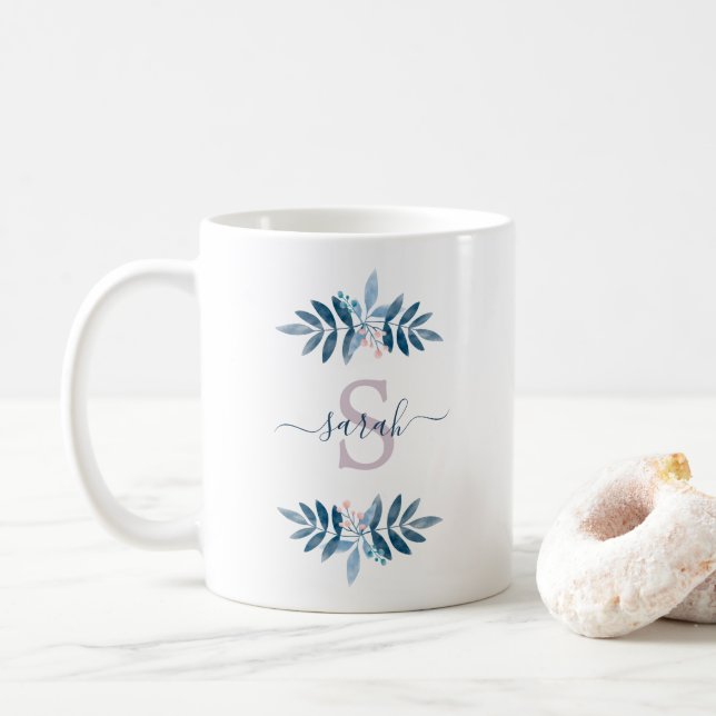 Lilac Watercolor Blommigt Monogram Kaffemugg (Med munk)