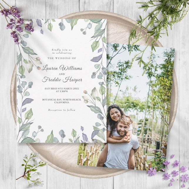Lilac Watercolor Blommigt Photo Bröllop Inbjudningar (Lilac Watercolor Floral Photo Wedding Invitation)