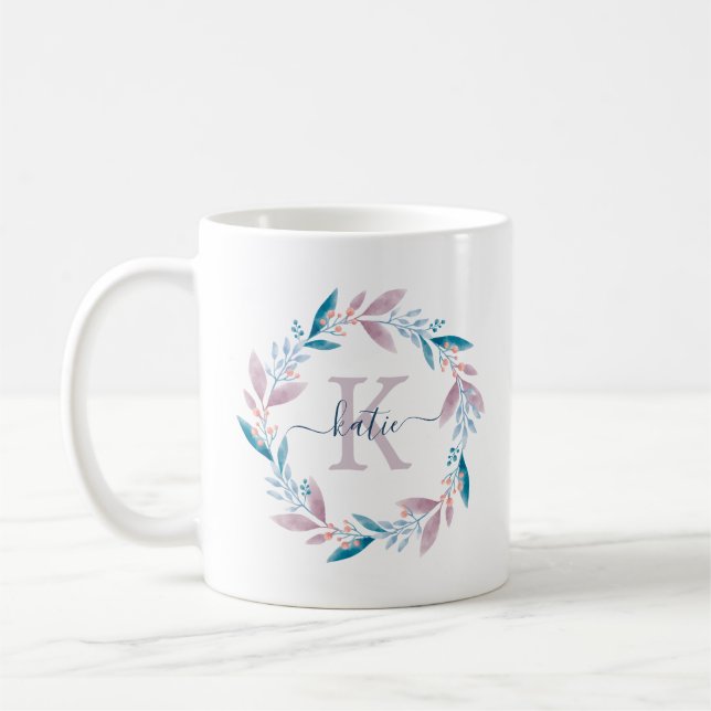 Lilac Watercolor Blommigt Wandeand Monogram Kaffemugg (Vänster)