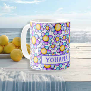 Lilac Watercolor Daisy Flower, eget namn, sommar Kaffemugg
