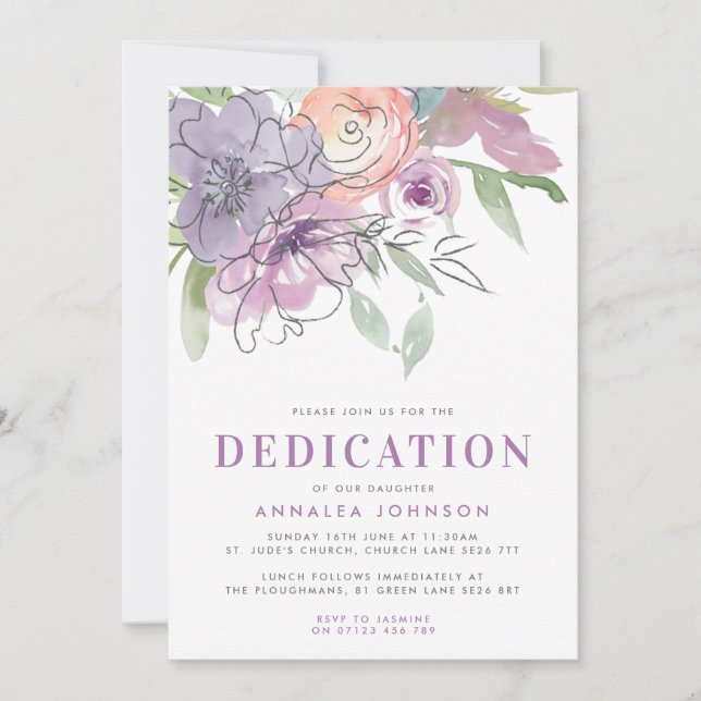 Lilac Watercolor Flowers Baby Dedication Inbjudningar (Framsida)
