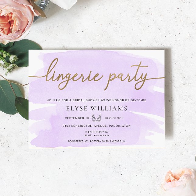Lilac Watercolor Guld Lingerie Party Möhippa Inbjudningar (Lingerie Party Bridal Shower Invitation Purple lilac Watercolour Gold )