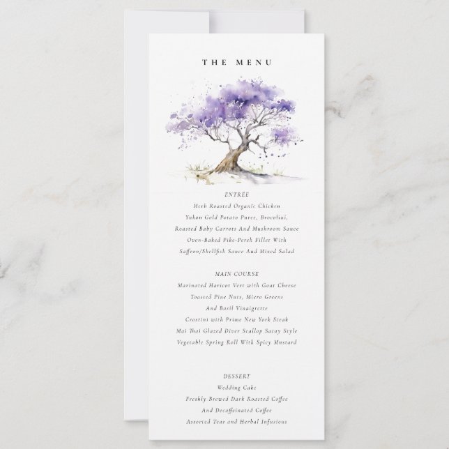 Lilac Watercolor Jacaranda Träd Bröllop Menu-kort Inbjudningar (Framsida)