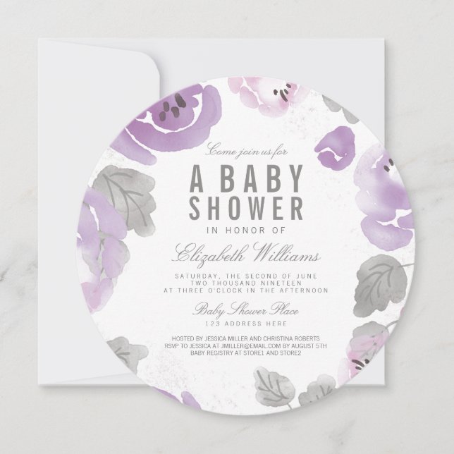 Lilac Watercolor Ro Baby Shower Round Inbjudan (Framsida)