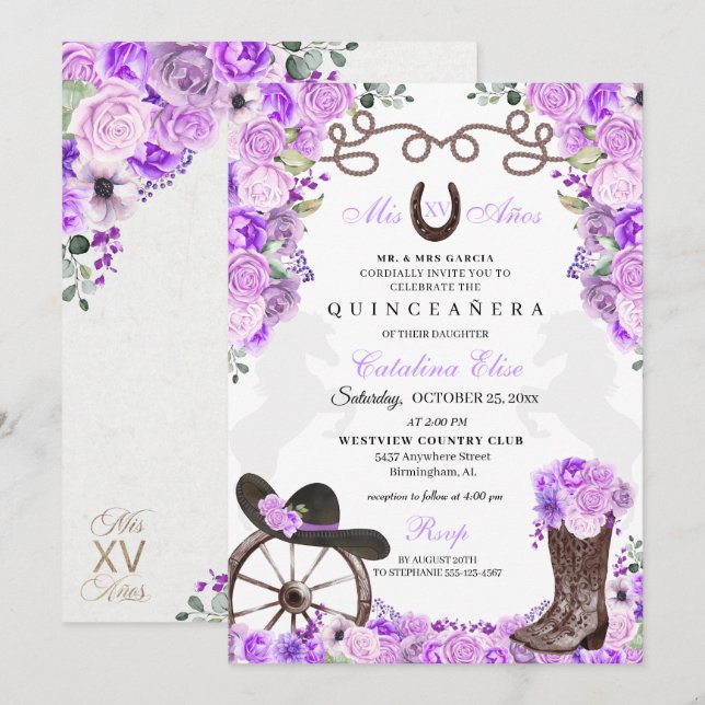 Lilac Western Charra Ranchero Quinceanera Inbjudningar (Fram/baksida)