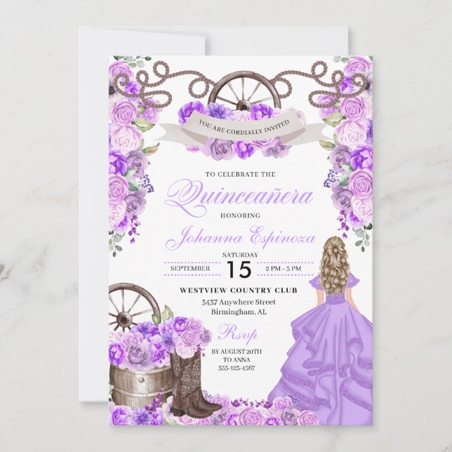 Lilac Western Cowgirl Boots Ranchero Quinceanera Inbjudningar (Framsida)