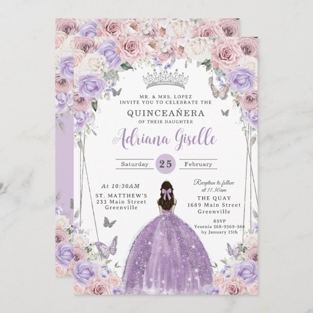  Lilac White Blommigt Silver Quinceañera XV 16 Inbjudningar (Fram/baksida)