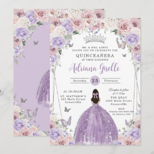 Lilac White Blommigt Silver Quinceañera XV 16 Inbjudningar