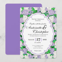 Lilac & White Rose Bröllopsinbjudan - Lila Kant