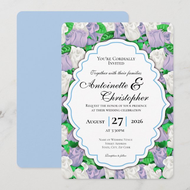 Lilac & White Rose Bröllopsinbjudan med Blå Kant Inbjudningar (Fram/baksida)