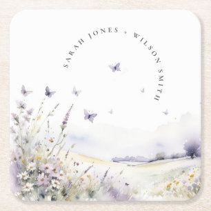 Lilac WildblomButterfly Fält Landskap Bröllop Underlägg Papper Kvadrat