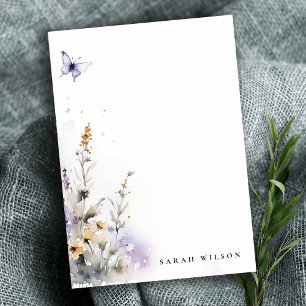 Lilac WildblomButterfly Garden Watercolor Anteckningskort