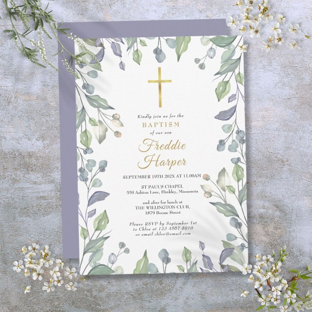 Lilac WildblommWatercolor Baptism Christening Inbjudningar (Lilac Wildflowers Watercolor Baptism Christening Invitation)