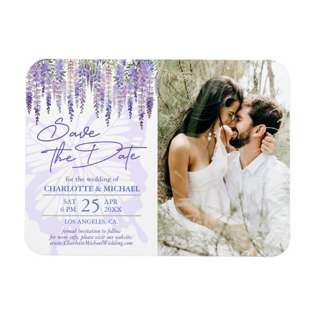 Lilac Wisteria Garden Wedding Photo Spara datumet Magnet (Horisontell)