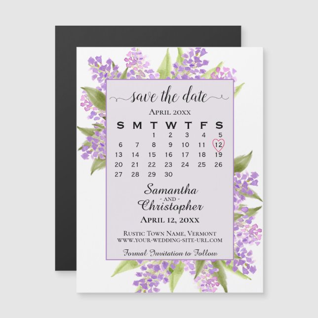 Lilacs & Calendar Lavender Bröllop spara datum Magnetisk Inbjudningskort (Fram/baksida)