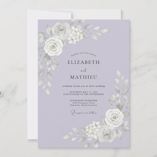 Lilacvit Rosbröllop Inbjudningar (Framsida)