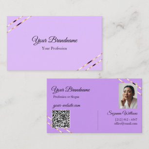Lilafärg Lavendel med Rosa Guldlinjer Foto QR-kod Visitkort