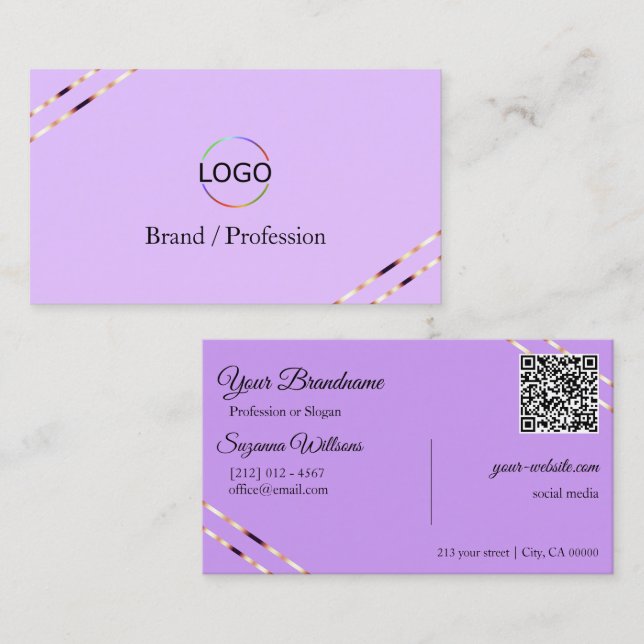 Lilafärg Lavendel med Rosa Guldlinjer Logo QR-kod Visitkort (Fram/baksida)